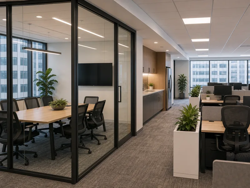 Small glass-walled conference room beside an office circulation aisle