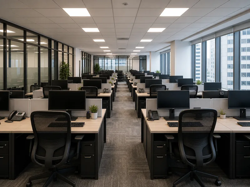 Bench-style workstations packed at high density in an open office