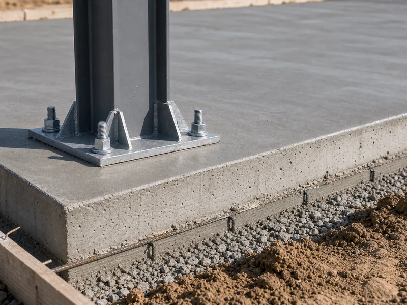Reinforced concrete slab with anchor bolts and steel column base plate for a 30x50 metal building foundation 