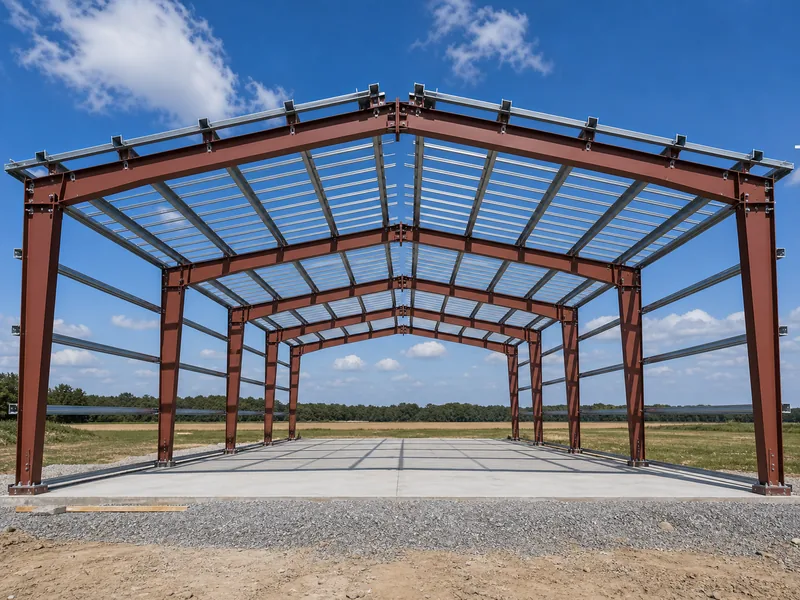 Clear-span steel frame of a 30x50 building showing primary members and purlins that drive steel tonnage and quote