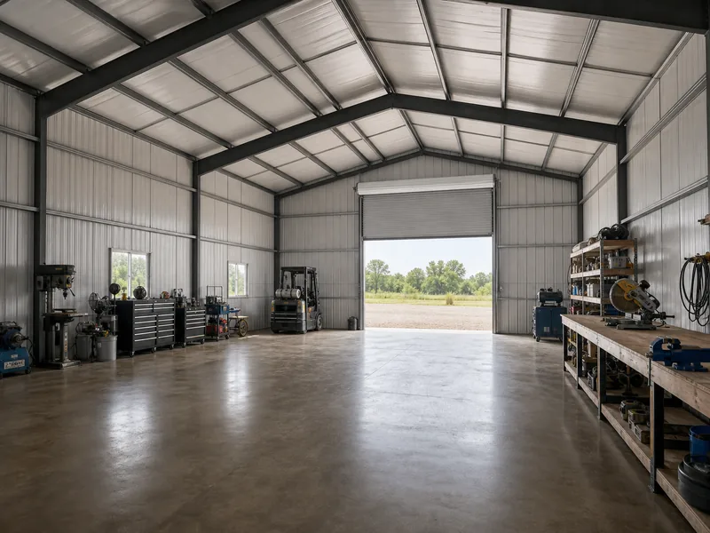Column-free interior of a 30x50 metal building finished as a workshop, showing enclosure and door openings
