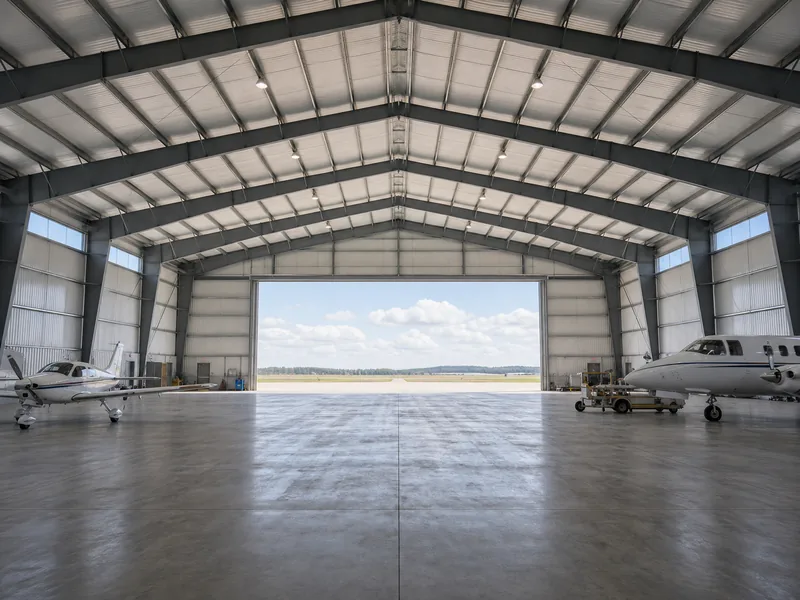 Aircraft hangar built as a clear span building with a wide column-free interior and high eave height