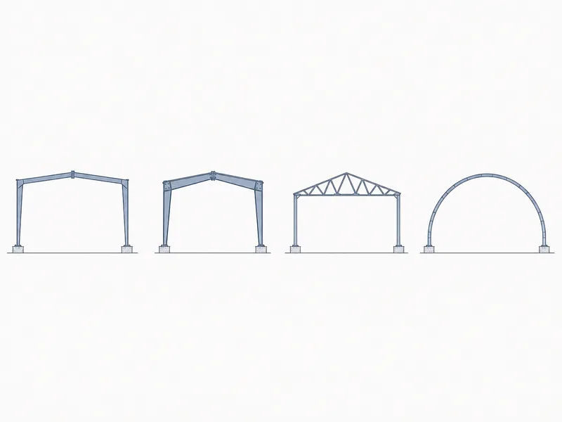 Comparison of clear span building frame types including tapered, single-span rigid frame, truss, and arch profiles across different spans