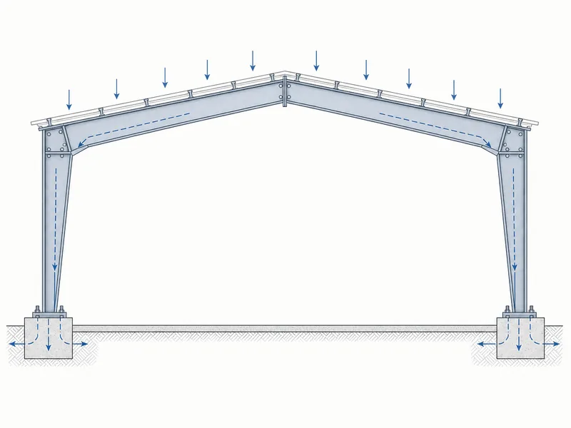 Diagram of a single-span rigid frame in a clear span building carrying roof loads out to the sidewall columns without interior posts