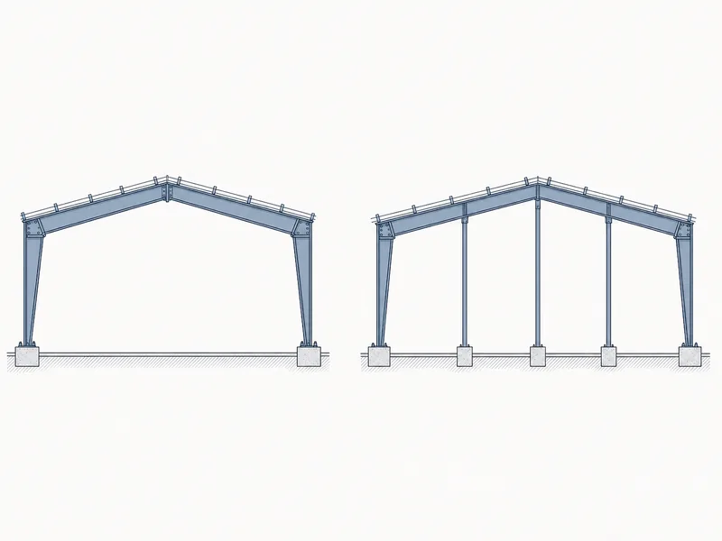 Cross-section comparing a clear span building with no interior columns to a multi-span frame with interior column lines 