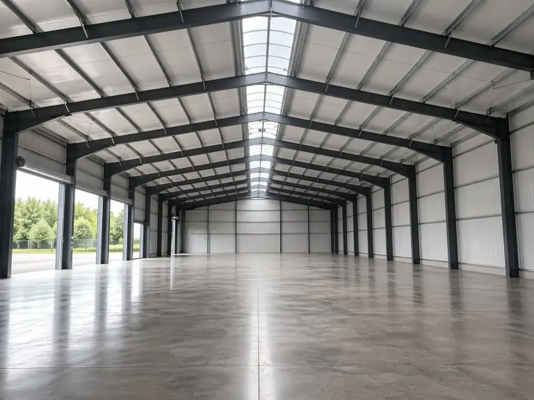 Prefab commercial steel building interior — high-bay clear-span distribution centre with column-free floor area