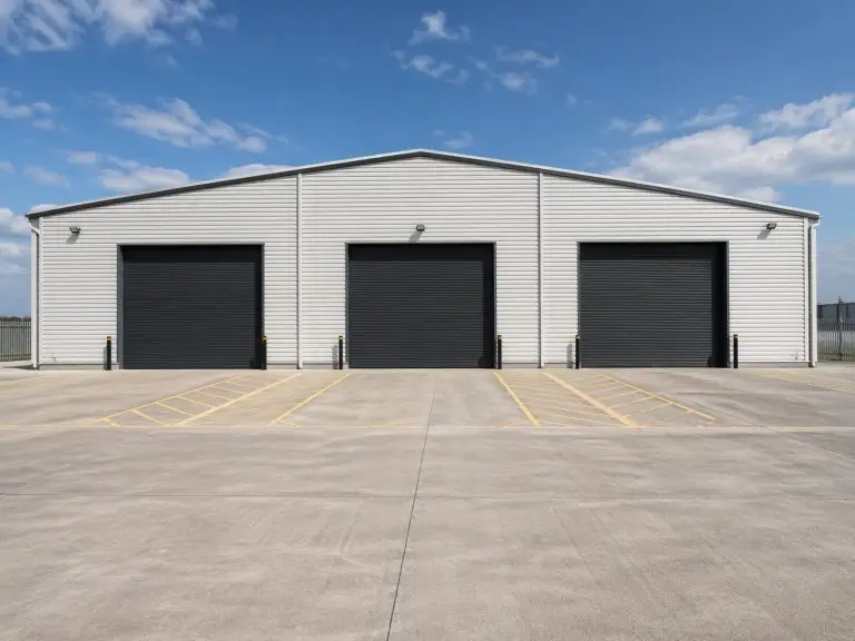 Completed prefabricated steel warehouse building — KAFA metal warehouse with full cladding, loading dock, and wide-span clear interior