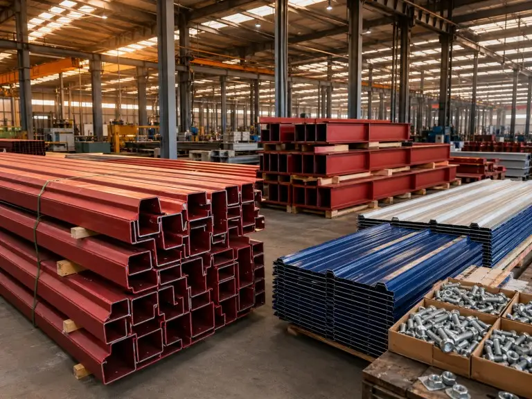 KAFA metal building components — Z-purlins, roof panels, H-beam structural members and Grade 8.8 structural bolts ready for export packing at 20,000 m² fabrication facility