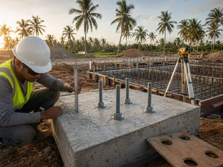 KAFA metal building foundation — anchor bolts precisely positioned in freshly poured concrete pad foundation with surveyor's level checking ±3 mm tolerance for pre-engineered steel building base plate connection