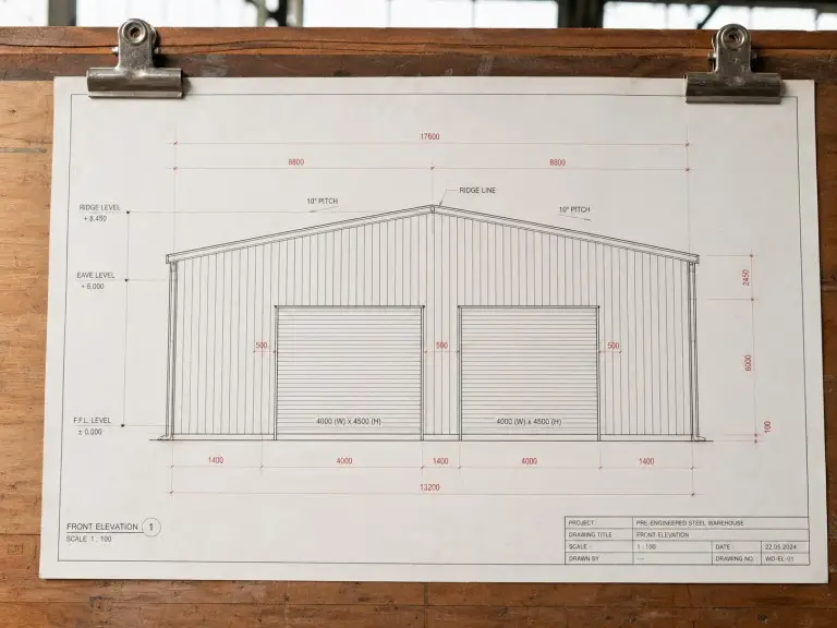 Photorealistic editorial photography, 4:3 aspect ratio, natural daylight, sharp focus, no text, no logos, no watermarks. Top-down flat-lay composition of a structural engineer's desk — large architectural floor plan drawing of a steel warehouse spread across the desk (showing column grid, door positions, partition walls, dimensions in red and black ink), an isometric 3D rendering of the same building visible on a tablet placed on top of the drawing, mechanical pencil and scale ruler beside it. Wooden engineering desk surface, soft natural light from a side window. Color tone slightly warm, professional editorial style, shallow depth of field with sharp focus on the floor plan center.