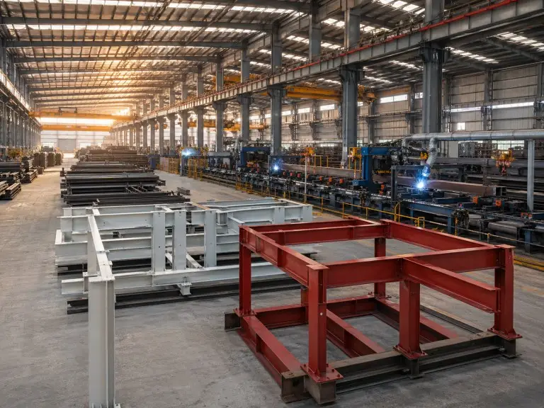 Edificios metálicos prefabricados de KAFA — planta de fabricación que produce estructuras de acero tipo pórtico para 9 aplicaciones edilicias, incluyendo almacenes, talleres, hangares y cámaras frigoríficas