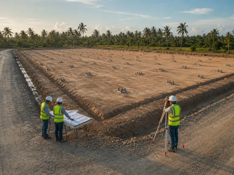 KAFA site preparation for metal building construction — graded industrial plot with surveyors setting out column grid using anchor bolt plan, drainage ditches and access roads complete in tropical project location