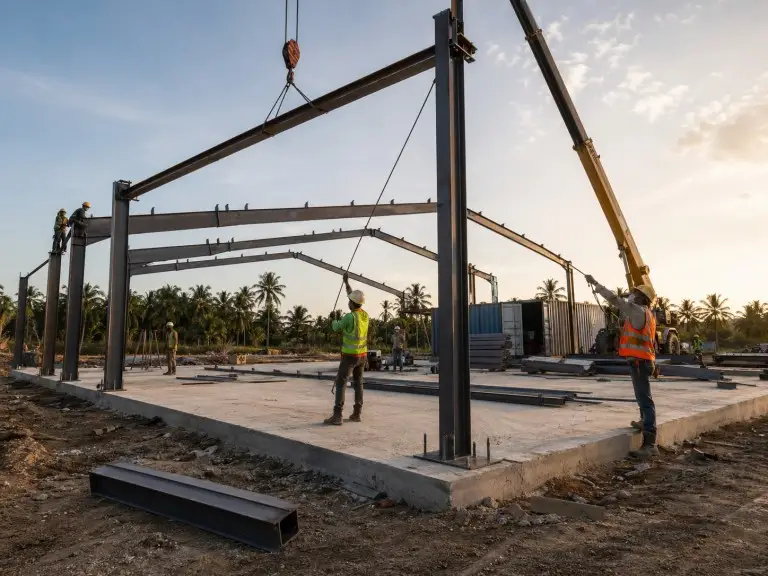 Metal building construction anchor bolt installation — accurate anchor bolt positioning in concrete foundation pad for pre-engineered steel building base plate connection, with measured ±3 mm tolerance