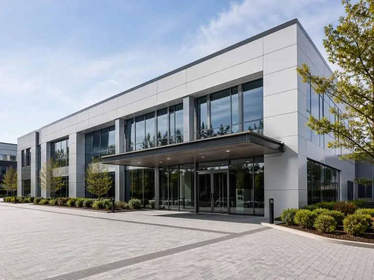 Pre-engineered metal office building — two-storey corporate headquarters with ACP cladding and glass curtain wall entrance