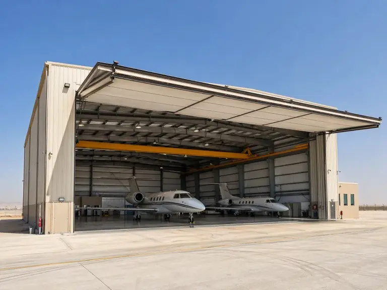 Steel hangar building — wide-span MRO aircraft hangar with overhead crane provisions at regional airfield, Middle East