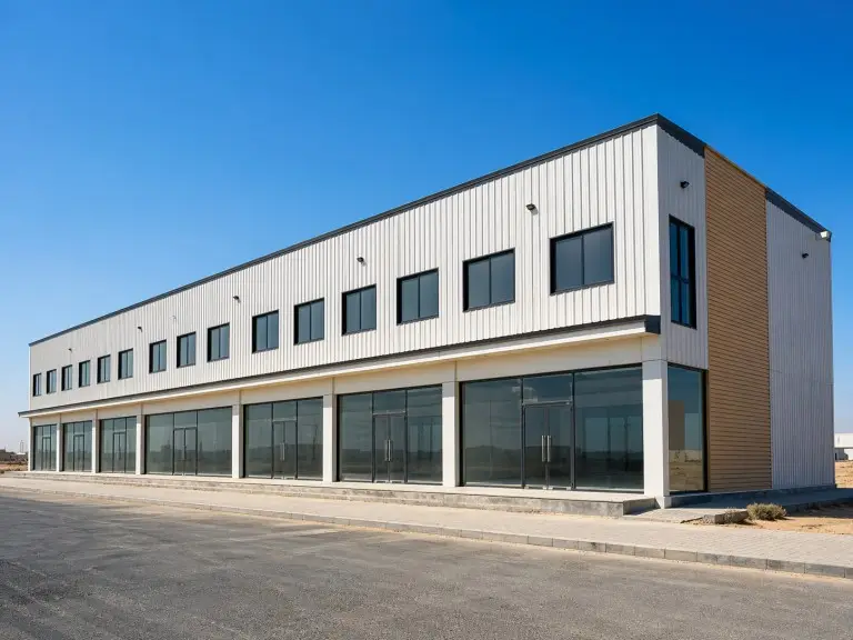 Metal commercial building — mixed-use prefab steel structure with ground-floor retail and mezzanine office level, Middle East