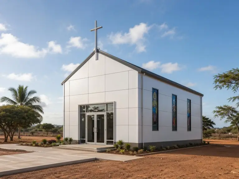 Pre-engineered steel church building — gabled roof sanctuary with white panel facade and glazed entrance, West Africa