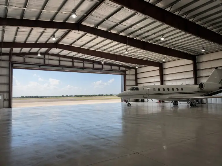 Steel aircraft hangar interior — wide-span column-free maintenance floor with sliding door opening and unobstructed aircraft access