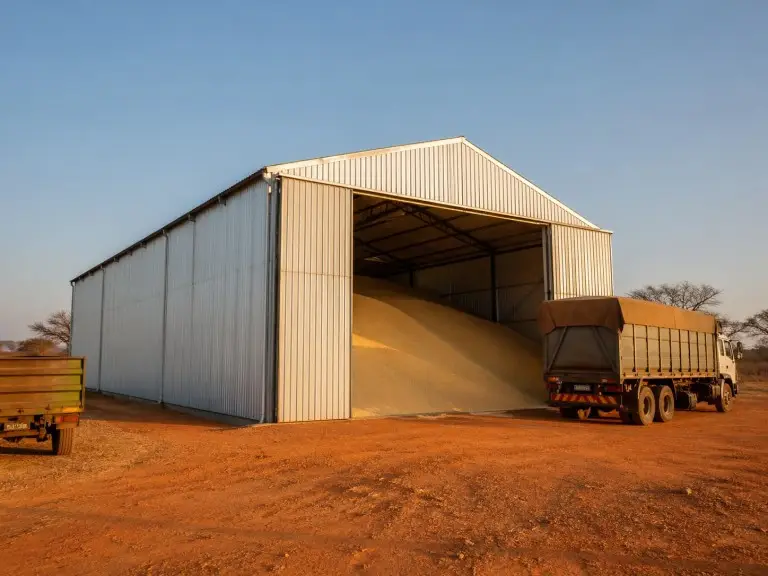 Edificio agrícola de acero prefabricado — estructura de almacenamiento de granos de una sola luz con grandes puertas corredizas, África subsahariana