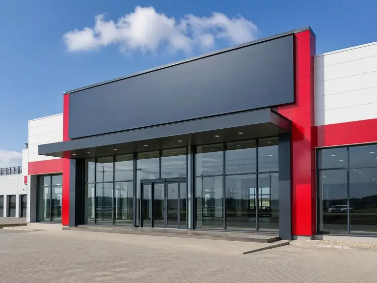 Prefab commercial building — retail showroom with coloured steel panel facade, glass entrance and canopy, Sub-Saharan Africa