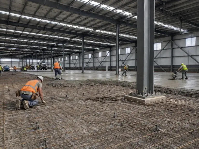Metal building erection — pre engineered building erection primary portal frame lifted with mobile crane, braced bay first