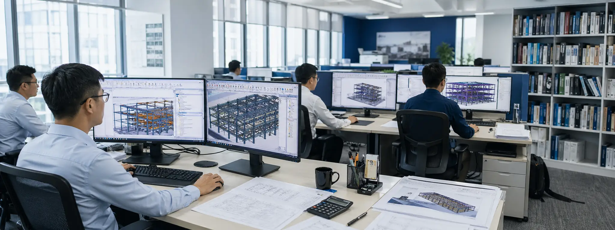 KAFA structural engineering team at TEKLA Structures workstations — designing pre-engineered steel building structural drawings for international project delivery across Africa, Southeast Asia, and Middle East