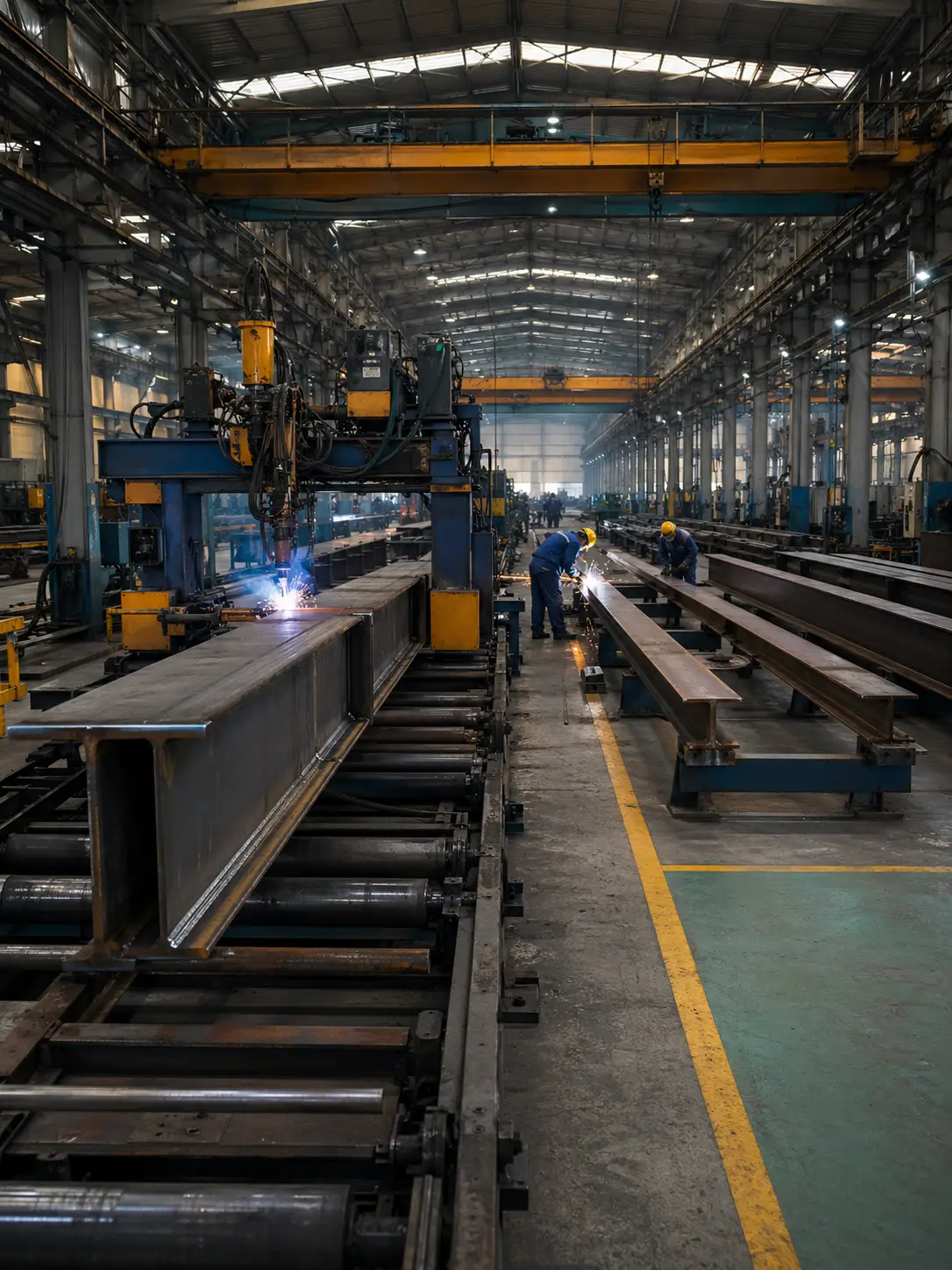 KAFA 20,000 m² Qingdao fabrication facility interior — H-beam steel production line with overhead crane and welding stations for pre-engineered metal building structural members