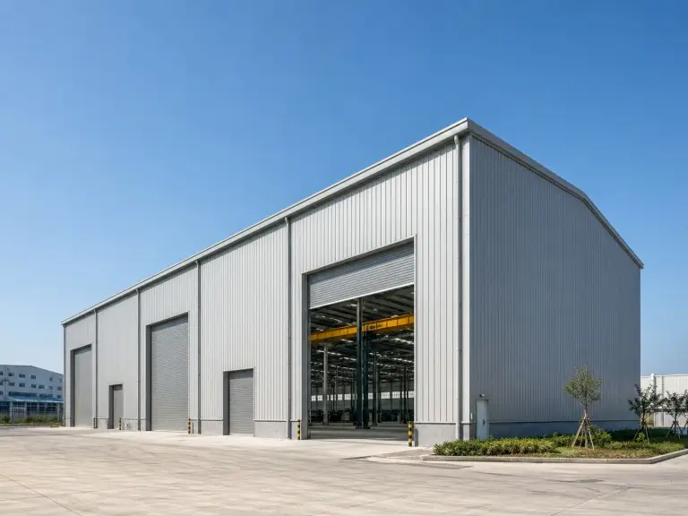 Pre-engineered steel industrial building — multi-bay heavy manufacturing complex with overhead crane beams and column-free production floor
