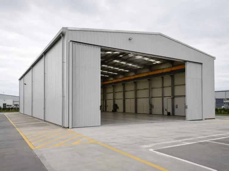 Pre-engineered metal workshop building — clear-span steel portal frame interior with overhead crane beam provisions and column-free production floor