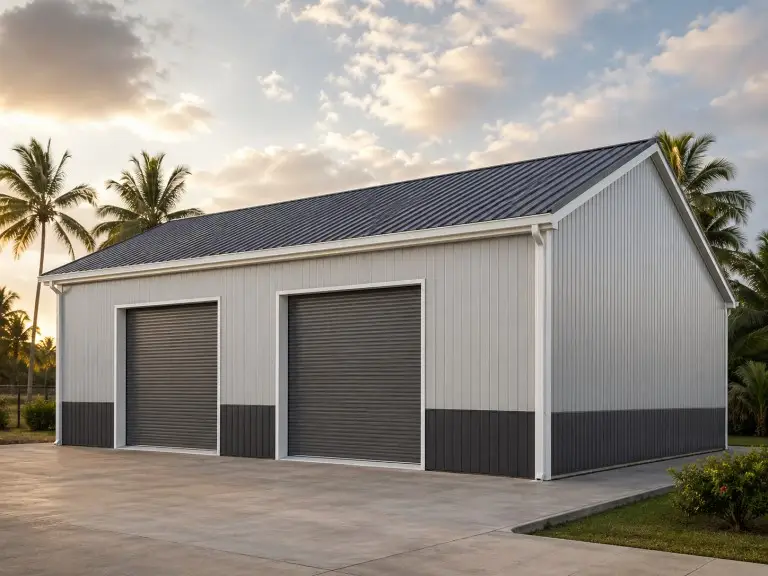 KAFA metal building colors — multi-color steel building elevation showing roof, wall, wainscot, trim, and door color components for warehouse, workshop, and commercial applications across tropical markets