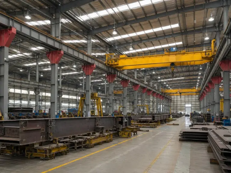 Industrial steel building — multi-bay heavy fabrication plant with 50T double-girder crane beams, Southeast Asia