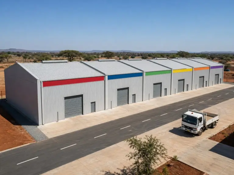 Industrial buildings for sale — standardised multi-tenant steel industrial park units with shared column grid, Sub-Saharan Africa