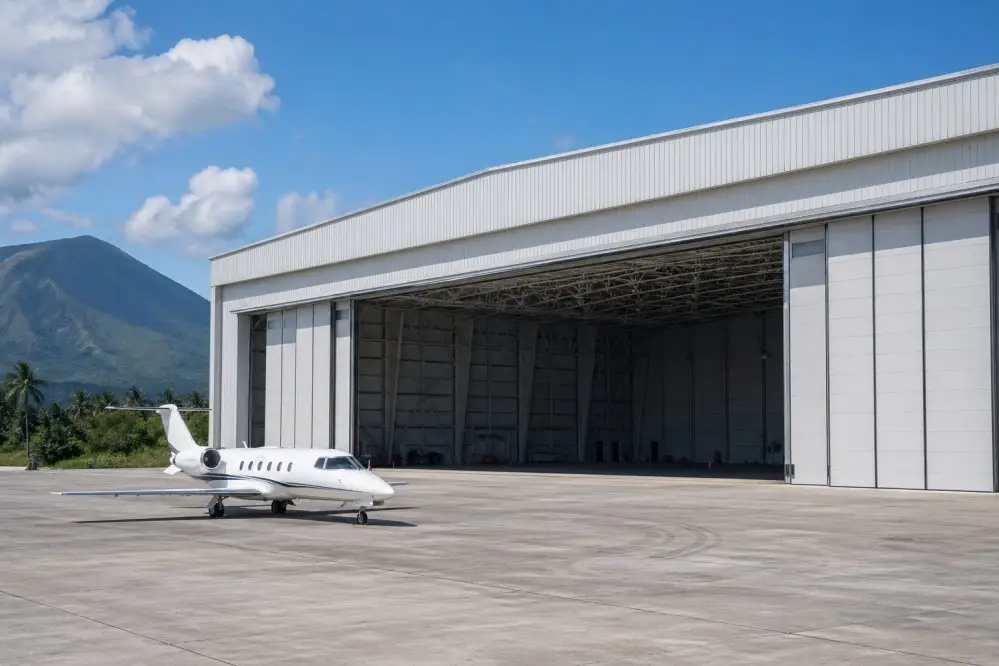 KAFA 3,600 m² pre-engineered aviation MRO hangar in the Philippines — 60 m clear span steel structure with 16 m height for aircraft maintenance and overhaul operations at regional airport