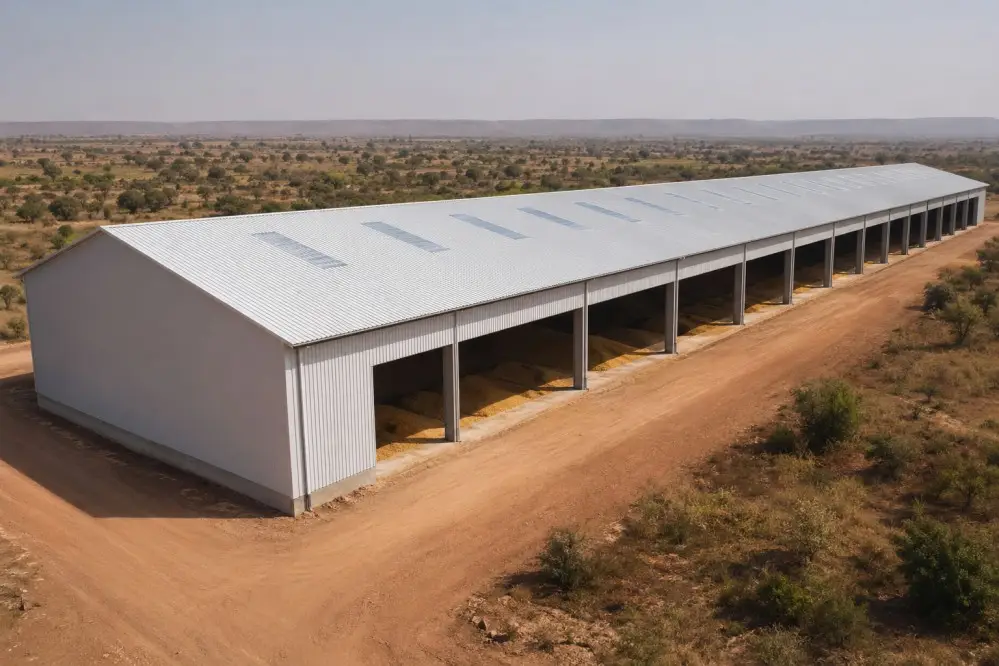 KAFA 6,200 m² single-slope bulk grain storage complex in Ghana — pre-engineered agricultural steel building with 30 m clear span, 6 m eave height, and 15% skylight coverage delivered to inland port region