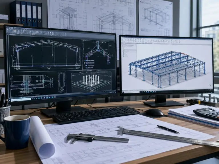 Pre-engineered metal building design — Tekla Structures 3D wireframe model of steel portal frame structure showing primary columns, rafters, purlins, and bracing system by KAFA engineering team