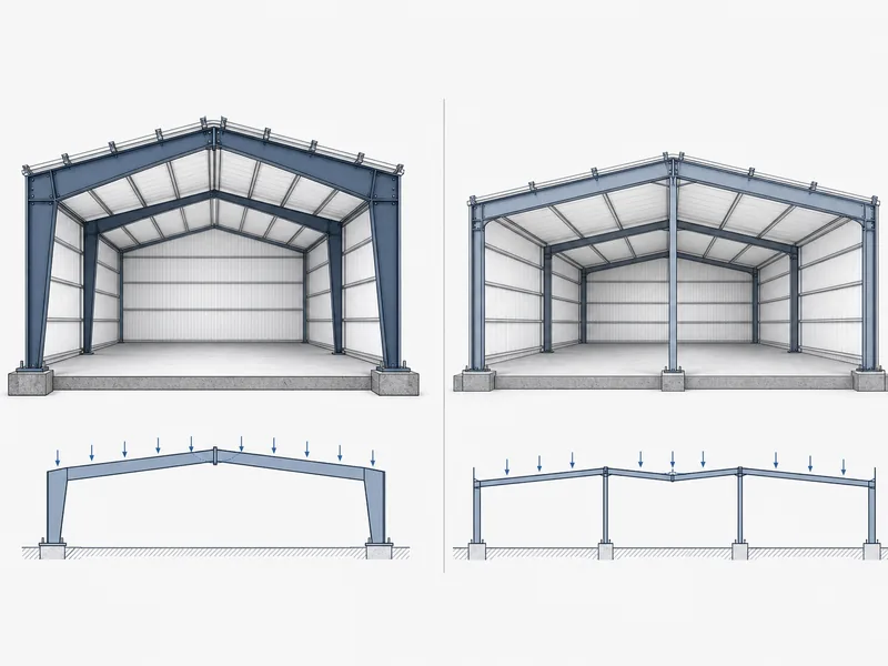 Diagram comparing a single clear span rigid frame with a multi-span framed building, a key clearspan building cost driver
