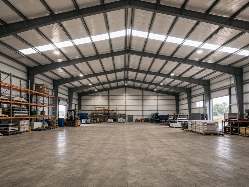 Wide column-free interior of an industrial clear span building, a common clearspan building cost application
