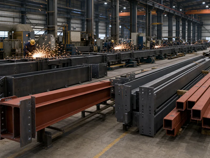 Steel fabrication line forming H-beam frames used in clear span buildings, part of clearspan building cost
