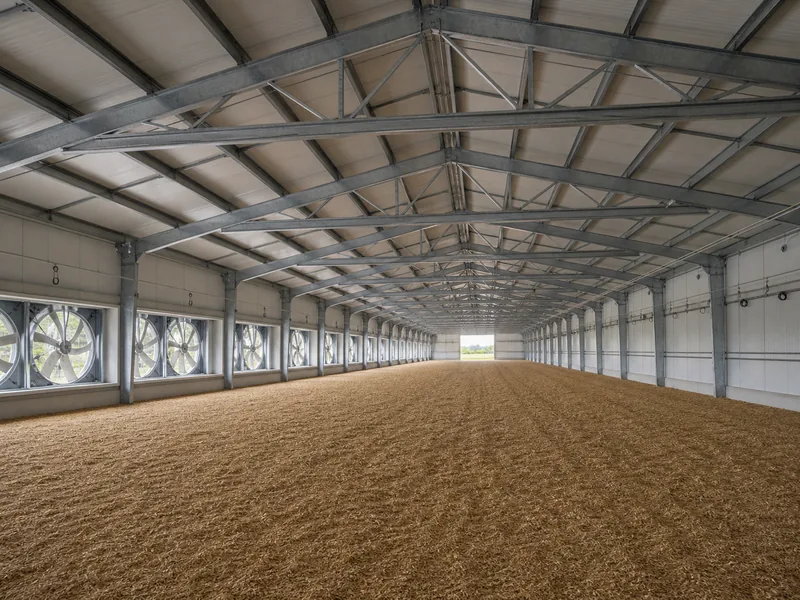 Wide clear-span broiler steel structure chicken house interior with tunnel ventilation inlets along the sidewall 
