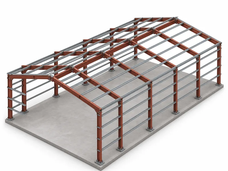 Steel structure chicken house frame showing H-section columns, beams, and C/Z purlins before claddin