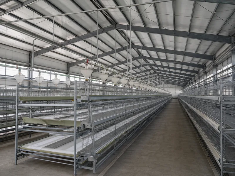 Multi-tier layer house interior in a steel structure chicken house with tall eave height and overhead egg-collection lines