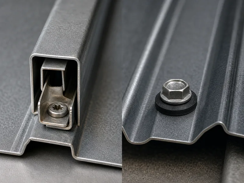 Concealed standing seam clip next to an exposed fastener screw with rubber washer on a metal roof panel