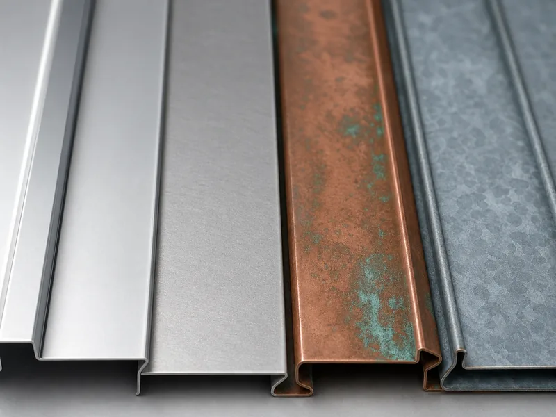 Close-up textures of steel, aluminum, copper, and zinc metal roofing materials with developing patina