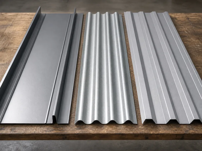 Standing seam, corrugated, and ribbed R-panel metal roof profiles side by side showing different panel shapes