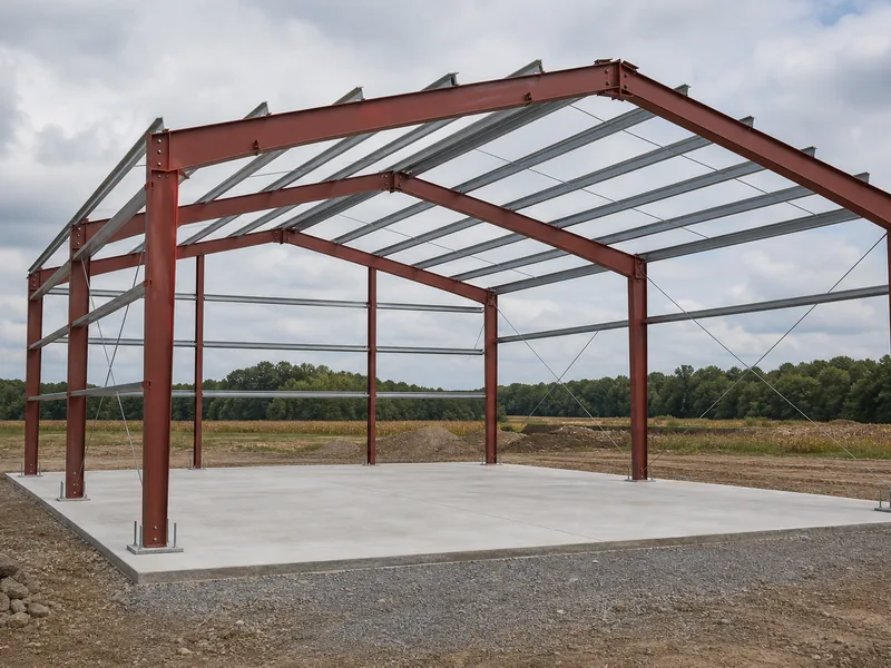 Steel shell of a 30x40 metal building erected on a new concrete