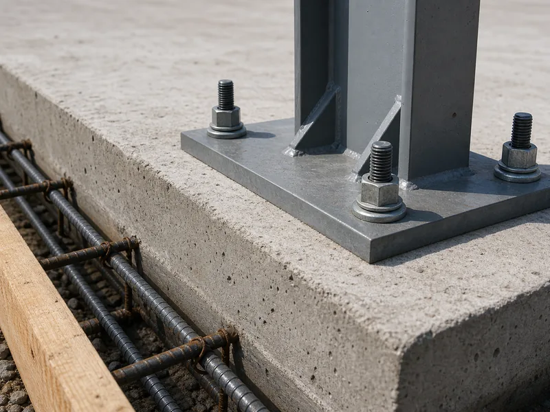 Edge of a reinforced concrete slab meeting a steel column base plate