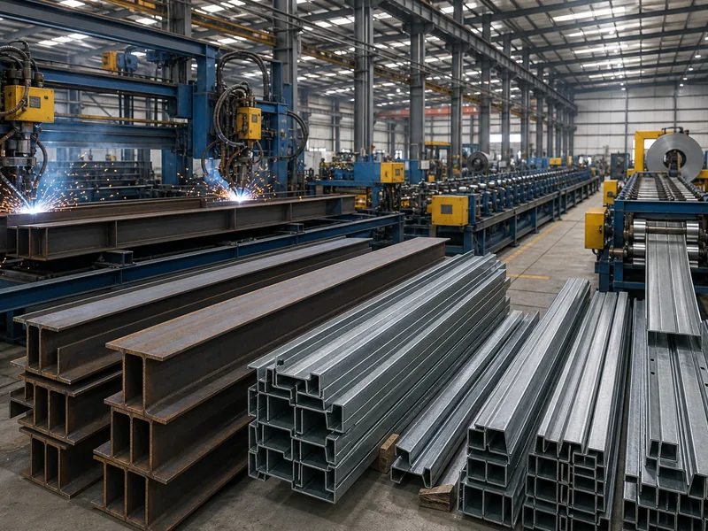 Steel fabrication line producing H-beam and purlin sections for metal buildings
