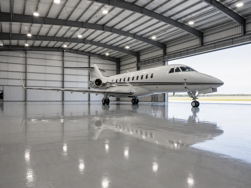 Reflective resin floor across a column-free aircraft hangar bay with a parked business jet