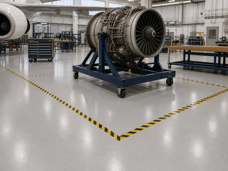 Chemical-resistant resin floor in an MRO maintenance bay around a jet engine stand