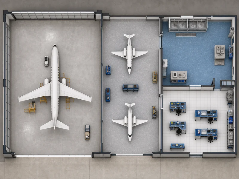 Aerospace flooring zones from hangar bay to ESD avionics lab on one facility plan